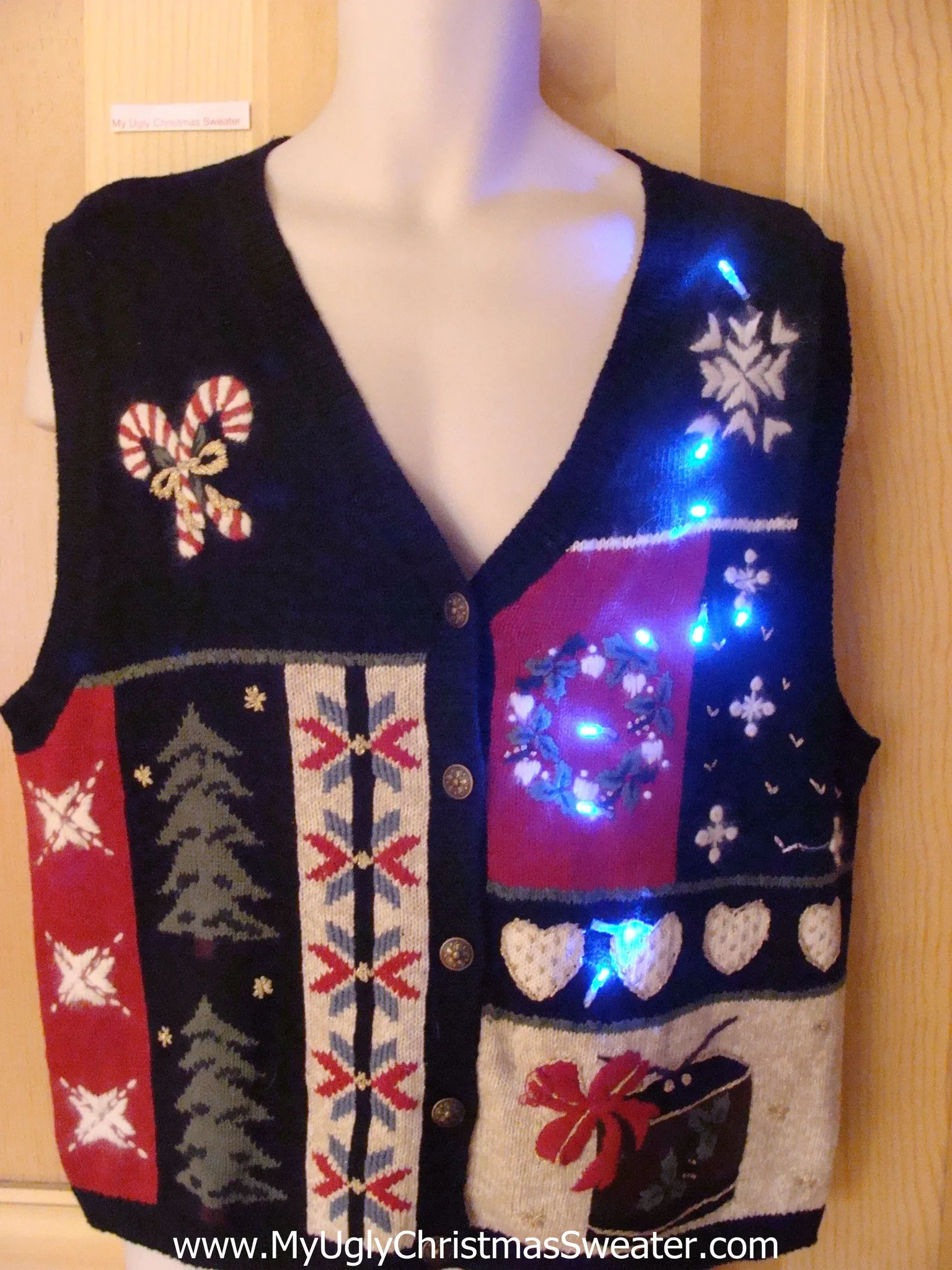 Funny Christmas Sweater Vest with Lights Candycanes