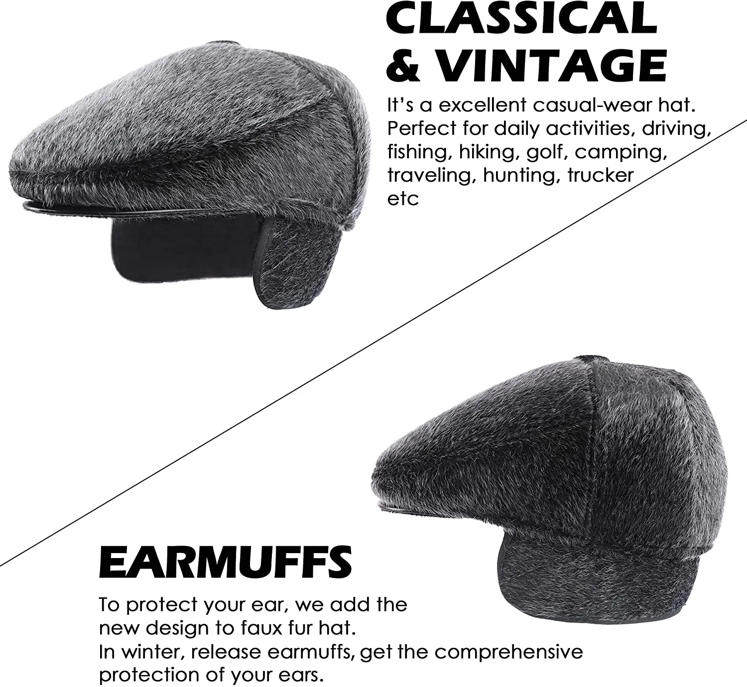 FUR STORY Faux Fur Men Hat Fuzzy Newsboy Cap Gatsby with Earflaps Flat Hat Winter Scally Ivy Cabbie Hats for Men 21620