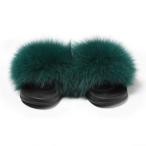 Fur Story Ladies Fox Fur Outdoor Fluffy Slippers