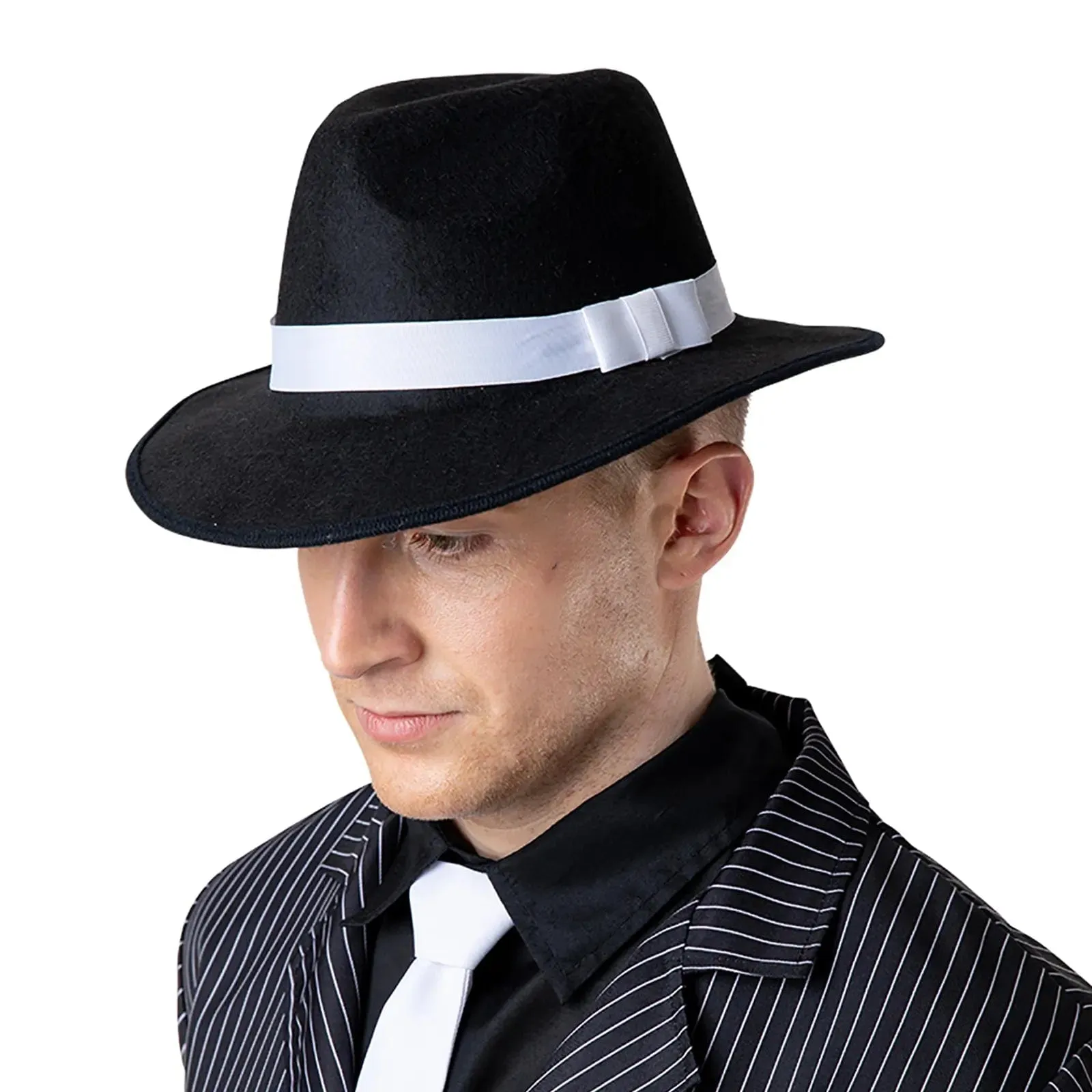 Gangster Hat Black Fedora White Band Mafia Fancy Dress