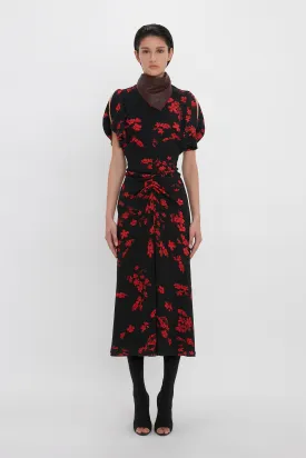 Gathered Waist Midi Dress In Sci-Fi Black Floral