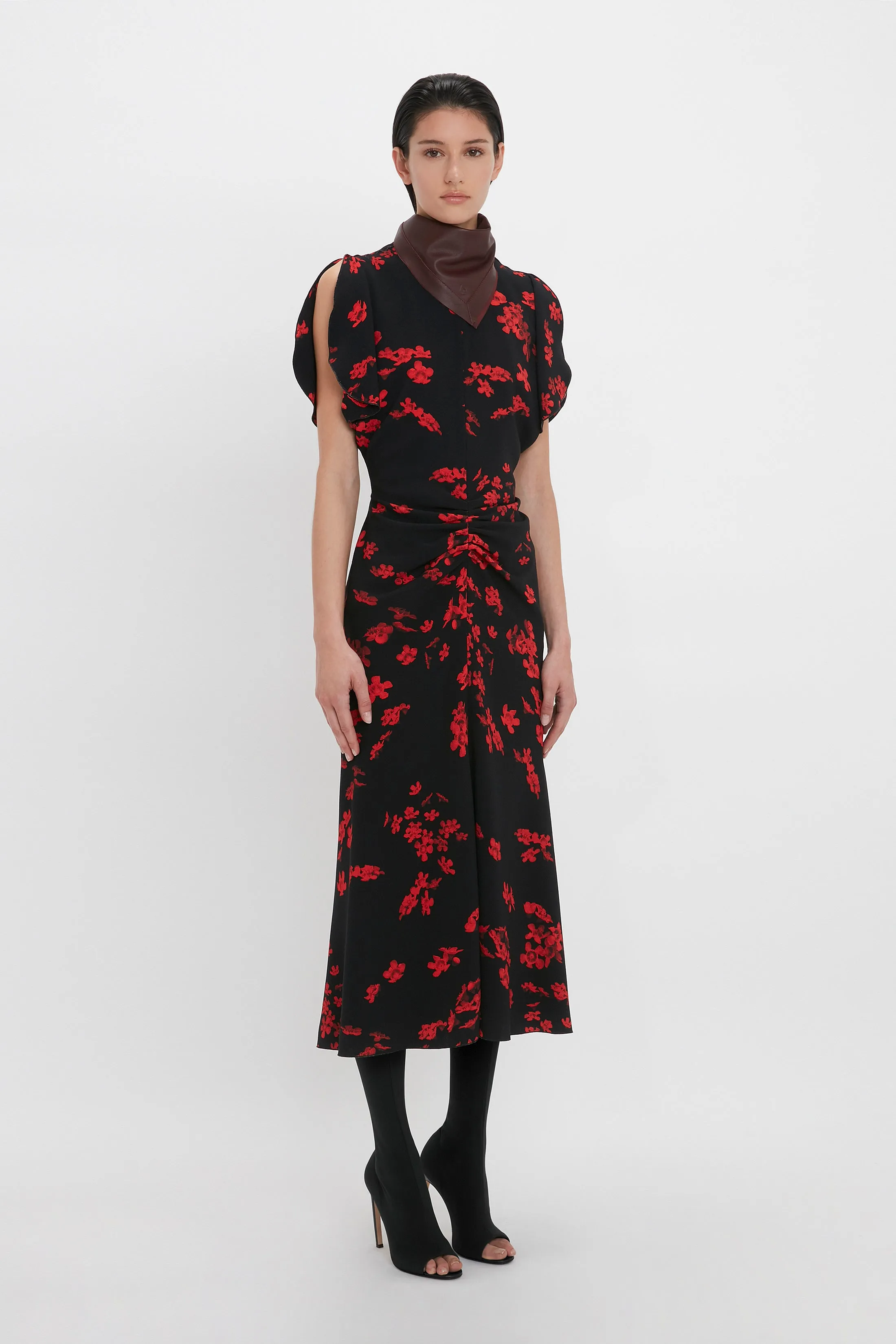 Gathered Waist Midi Dress In Sci-Fi Black Floral