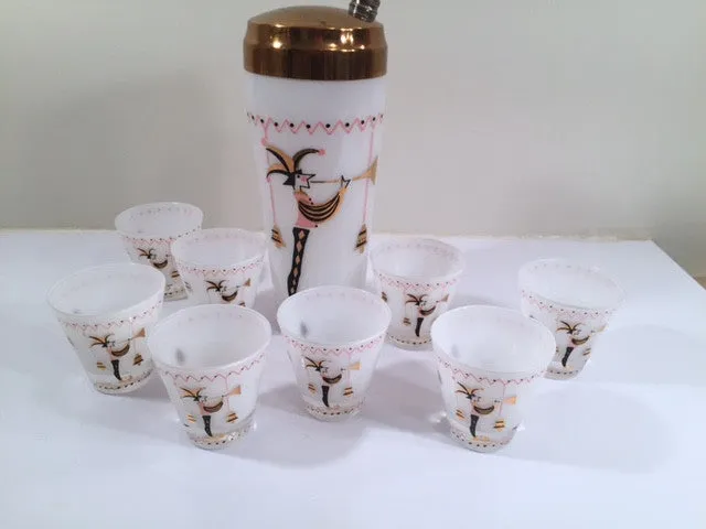 Gay Fad 1950s Court Jester Cocktail Shaker and 8 Single Old Fashioned Glasses Set