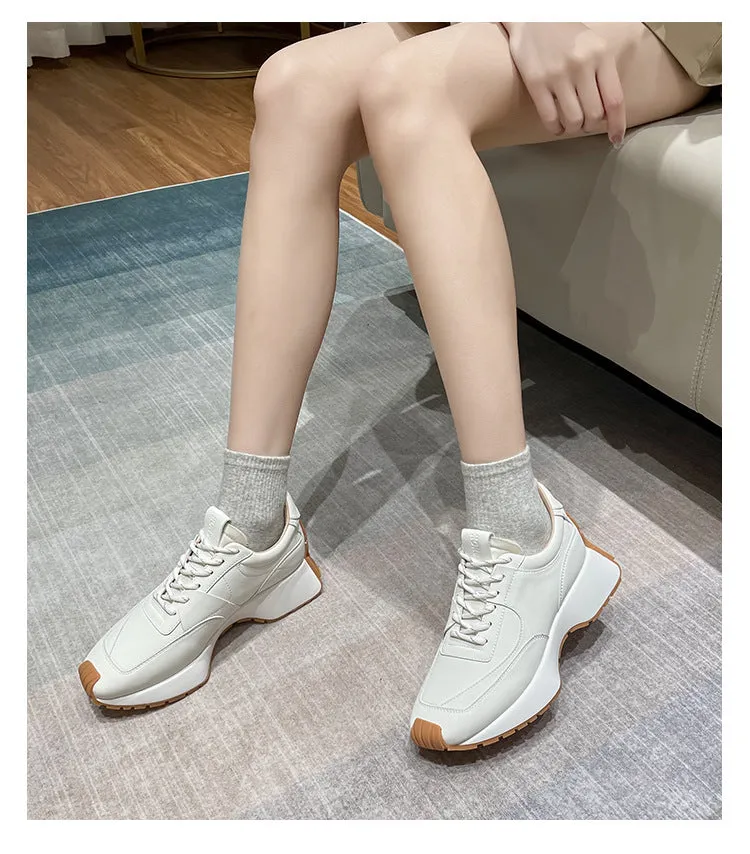 Genuine Leather 5cm Platform Shoes Chunky Sneakers Dad Shoes for Female Spring Breathable Comfy Sneake BC3148