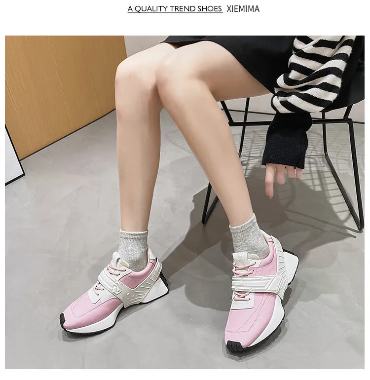 Genuine Leather 5cm Platform Shoes Chunky Sneakers Dad Shoes for Female Spring Breathable Comfy Sneake BC3148