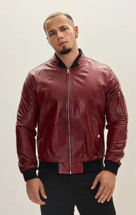 Genuine Leather Bomber Jacket - Burgundy