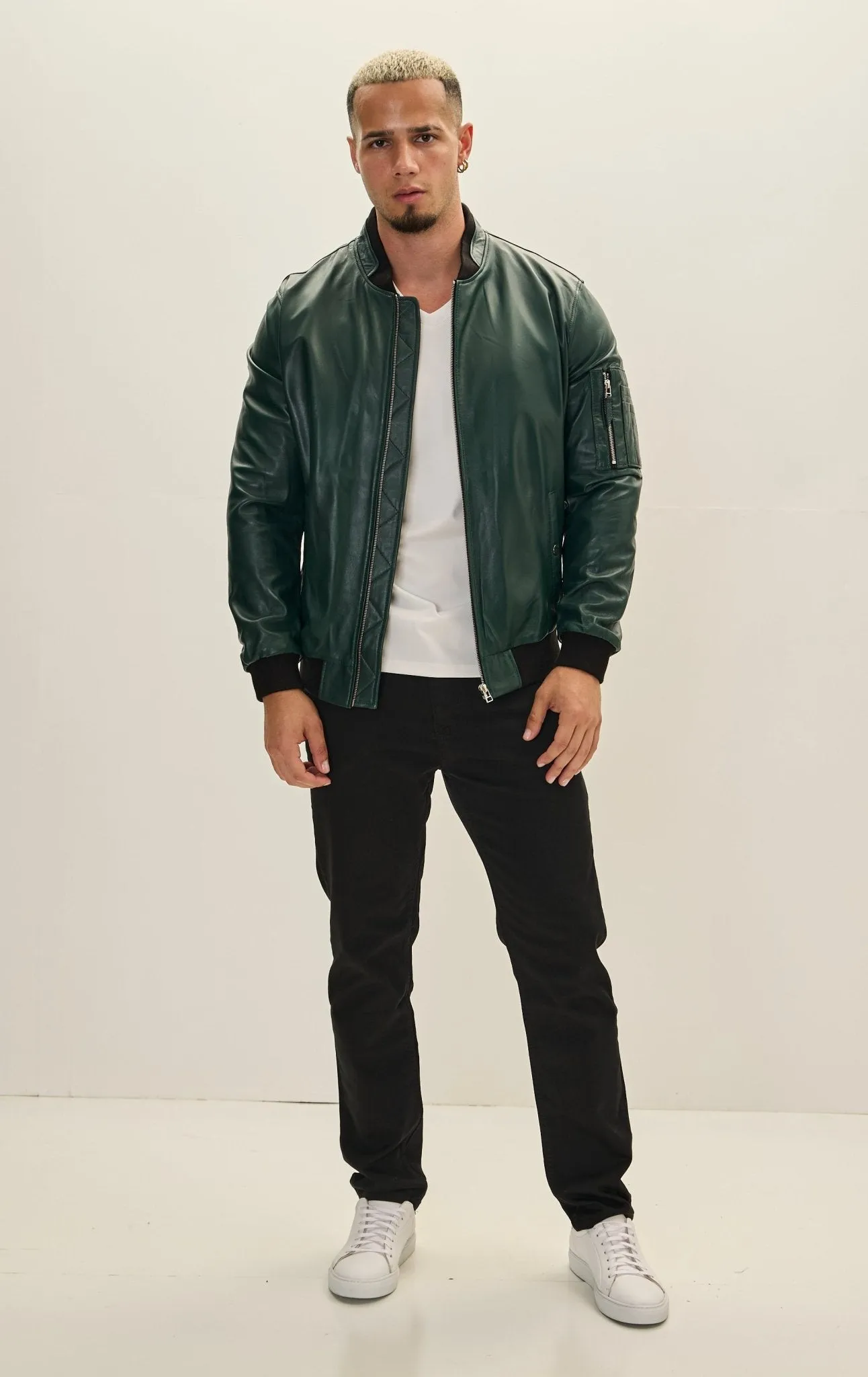 Genuine Leather Bomber Jacket - Green