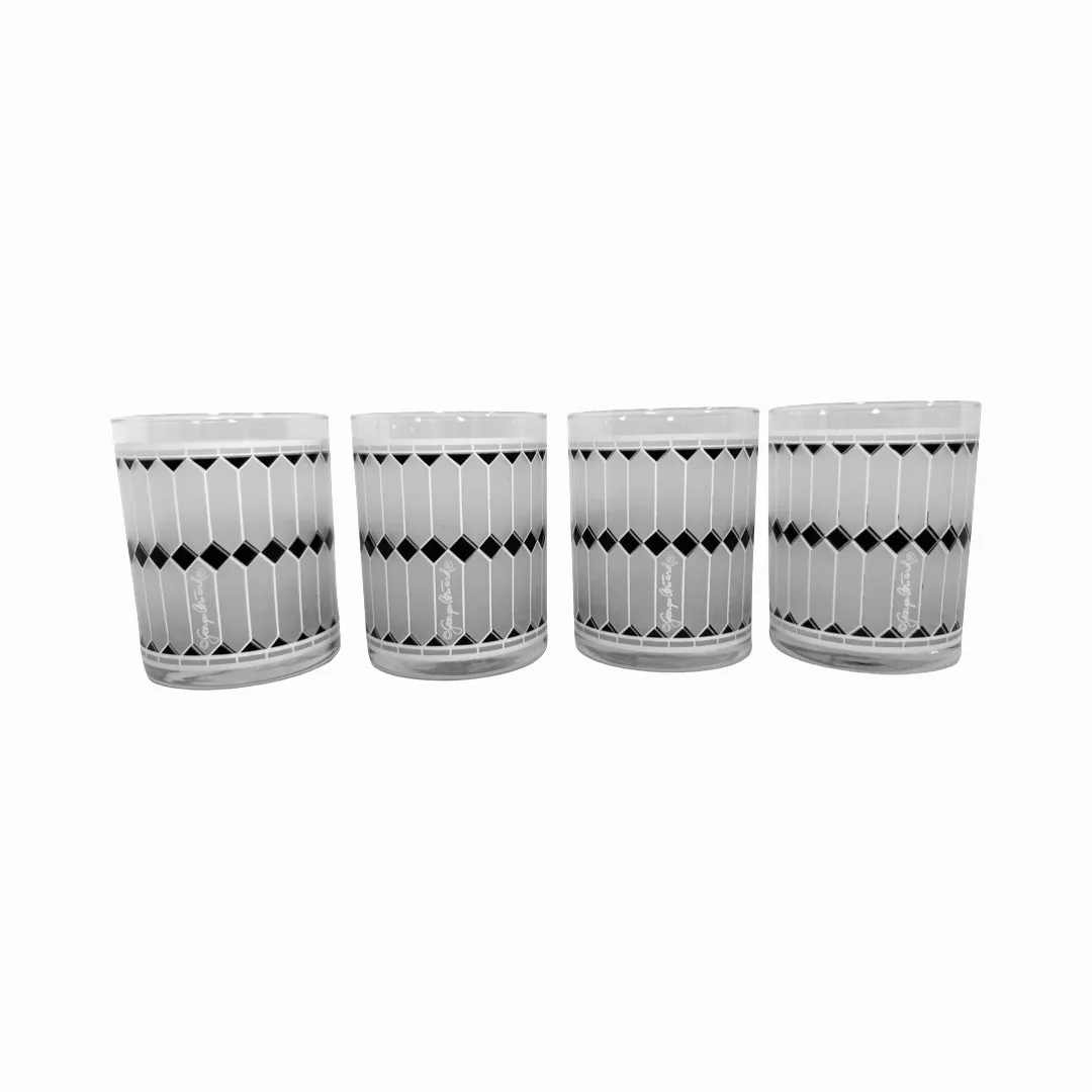 Georges Briard Signed Mid-Century Black and White Geometric Double Old Fashion Glasses (Set of 4)