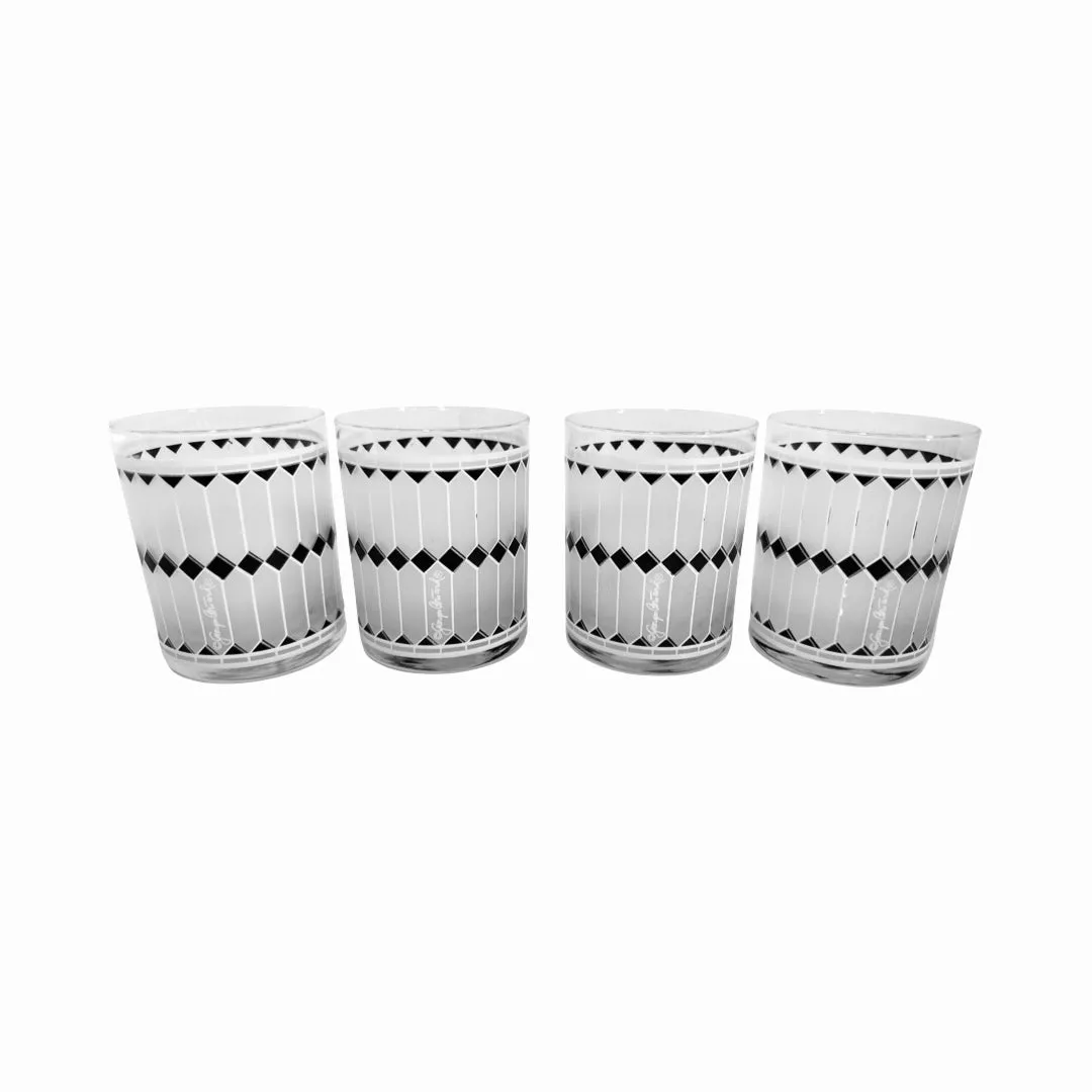 Georges Briard Signed Mid-Century Black and White Geometric Double Old Fashion Glasses (Set of 4)