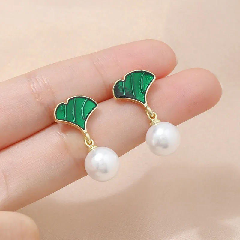 Ginkgo Leaf Pearl Stud Earrings Sterling