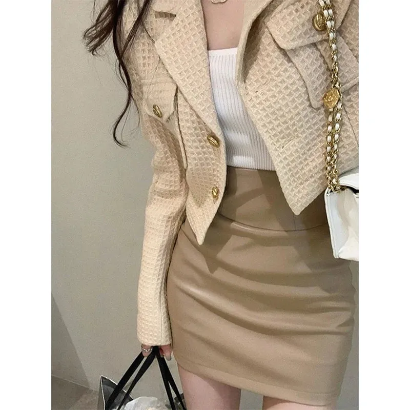 Girlary Cropped Jackets Women Elegant Basic Blazer Coats Office Lady Korean Autumn Long Sleeve Slim Simple All Match Outwear New