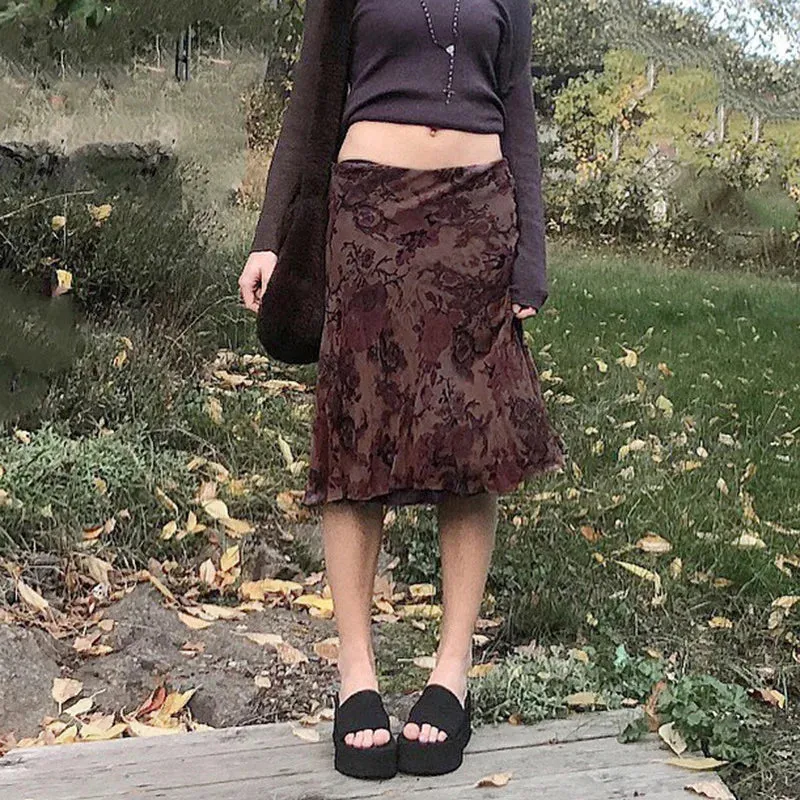 Girlary Fairy Grunge Aesthetics Brown Mesh Midi Skirts Y2K Streetwear Low Waist Printing A-Line Skirt Elfcore Outfits Retro Fall