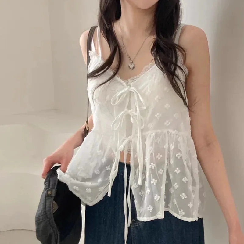 Girlary French Lace Sling Elegant Mesh Tops Women Summer Fashion Stacked Design Loose Gauze Tanks Korea Vintage Outwear Camis 2024 New