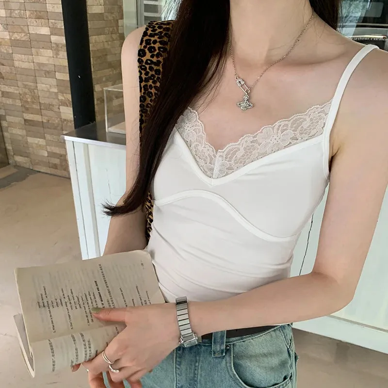 Girlary Lace Tank Tops Y2k Aesthetic Patchwork Sleeveless Vest Women Fairy Grunge Camisole 2024 Crop Tops Streetwear Clothes