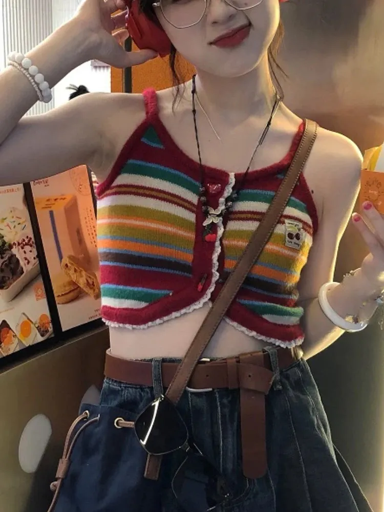 Girlary Rainbow Striped Japanese Kawaii Crop Tops Women Sweet Cute Party Slim Tank Tops Female Button Korean Casual Clothing Summer