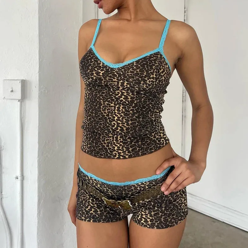 Girlary Rave Leopard Print 2 Piece Set Lace Trim Spaghetti Strap Camis Shorts Y2K Vintage Crop Tops Sexy Club Party Matching Suit