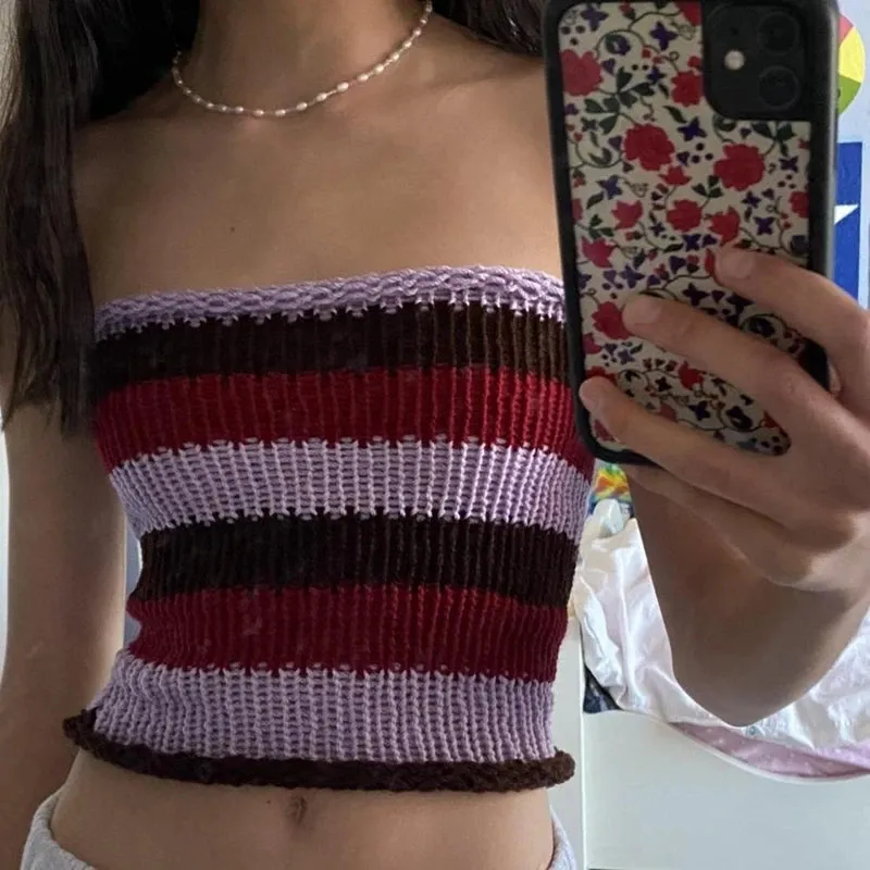 Girlary Y2K Fairy Grunge Knitted Crop Tops Vintage Striped Slim Fit Mini Vest Chest Wrap Strapless Camis Backless Tube Tops