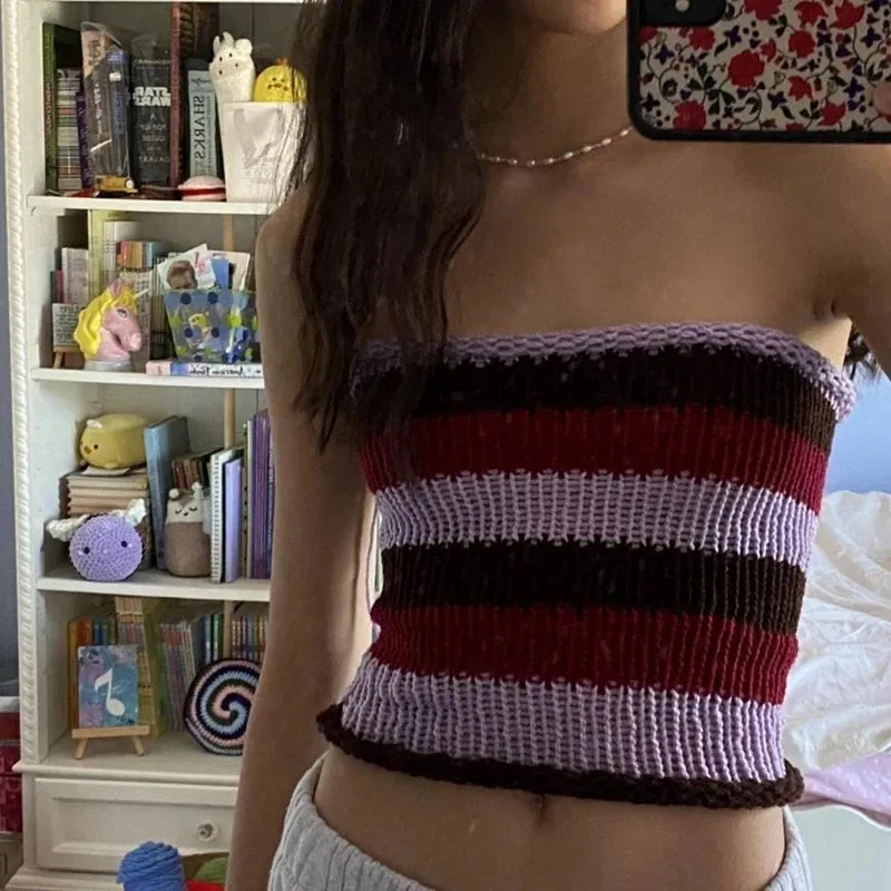 Girlary Y2K Fairy Grunge Knitted Crop Tops Vintage Striped Slim Fit Mini Vest Chest Wrap Strapless Camis Backless Tube Tops