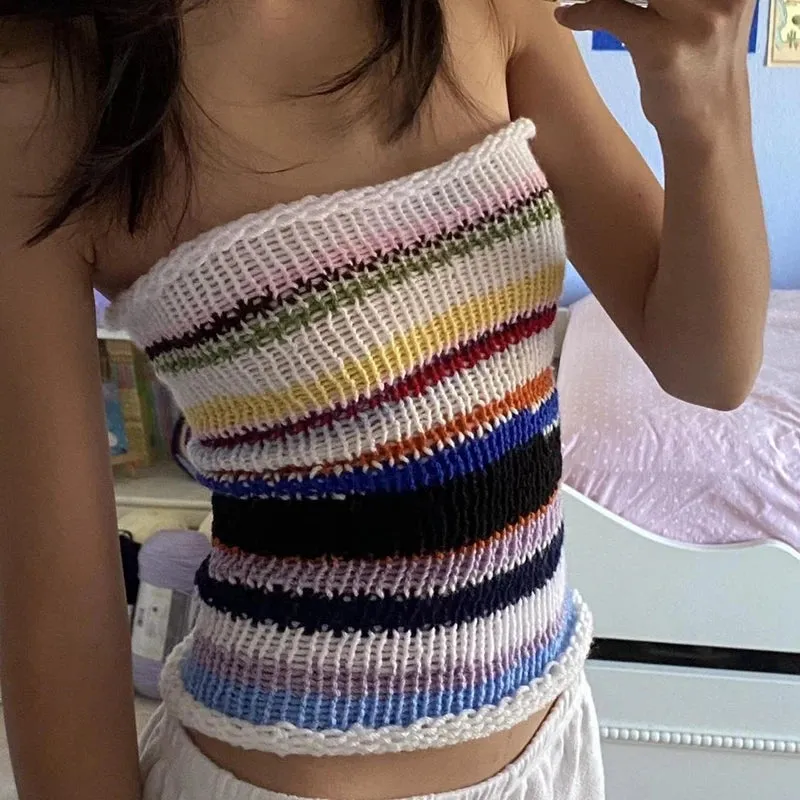 Girlary Y2K Fairy Grunge Knitted Crop Tops Vintage Striped Slim Fit Mini Vest Chest Wrap Strapless Camis Backless Tube Tops