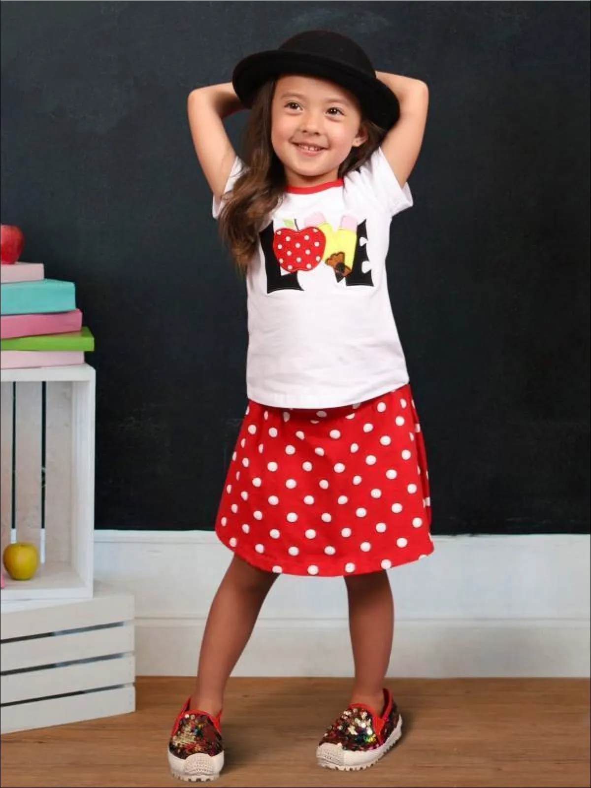 Girls 1st Day of School 1st Day of School Love Apple Print T-Shirt And Red Polka Dot Matching Skirt Set