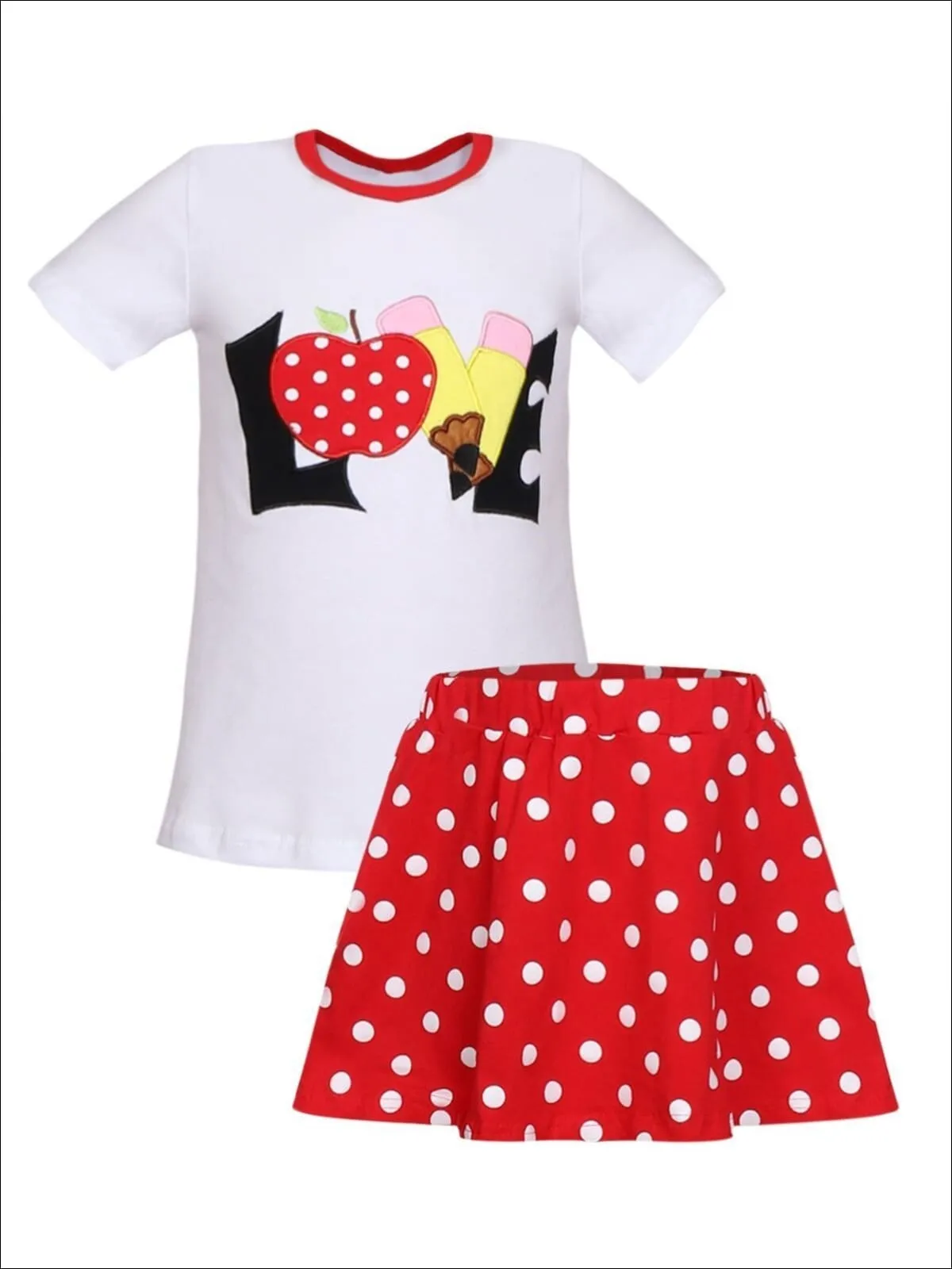 Girls 1st Day of School 1st Day of School Love Apple Print T-Shirt And Red Polka Dot Matching Skirt Set