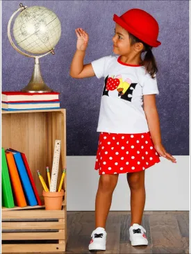 Girls 1st Day of School 1st Day of School Love Apple Print T-Shirt And Red Polka Dot Matching Skirt Set