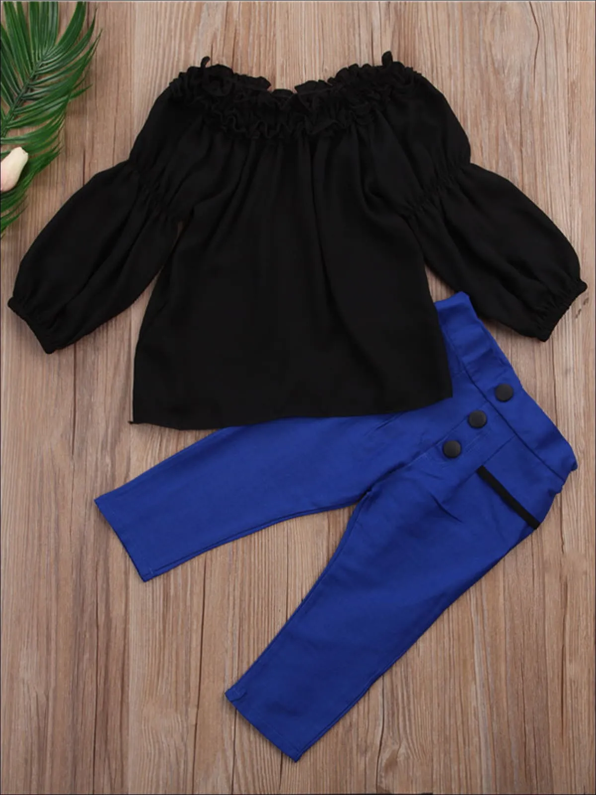 Girls Black Off The Shoulder Ruffled Top And Blue Pants Set