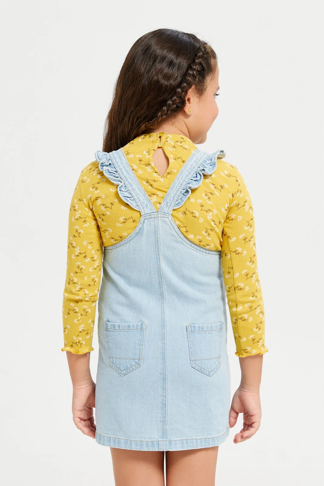 Girls Blue Denim Dress With Yellow T-Shirt (2 Piece)