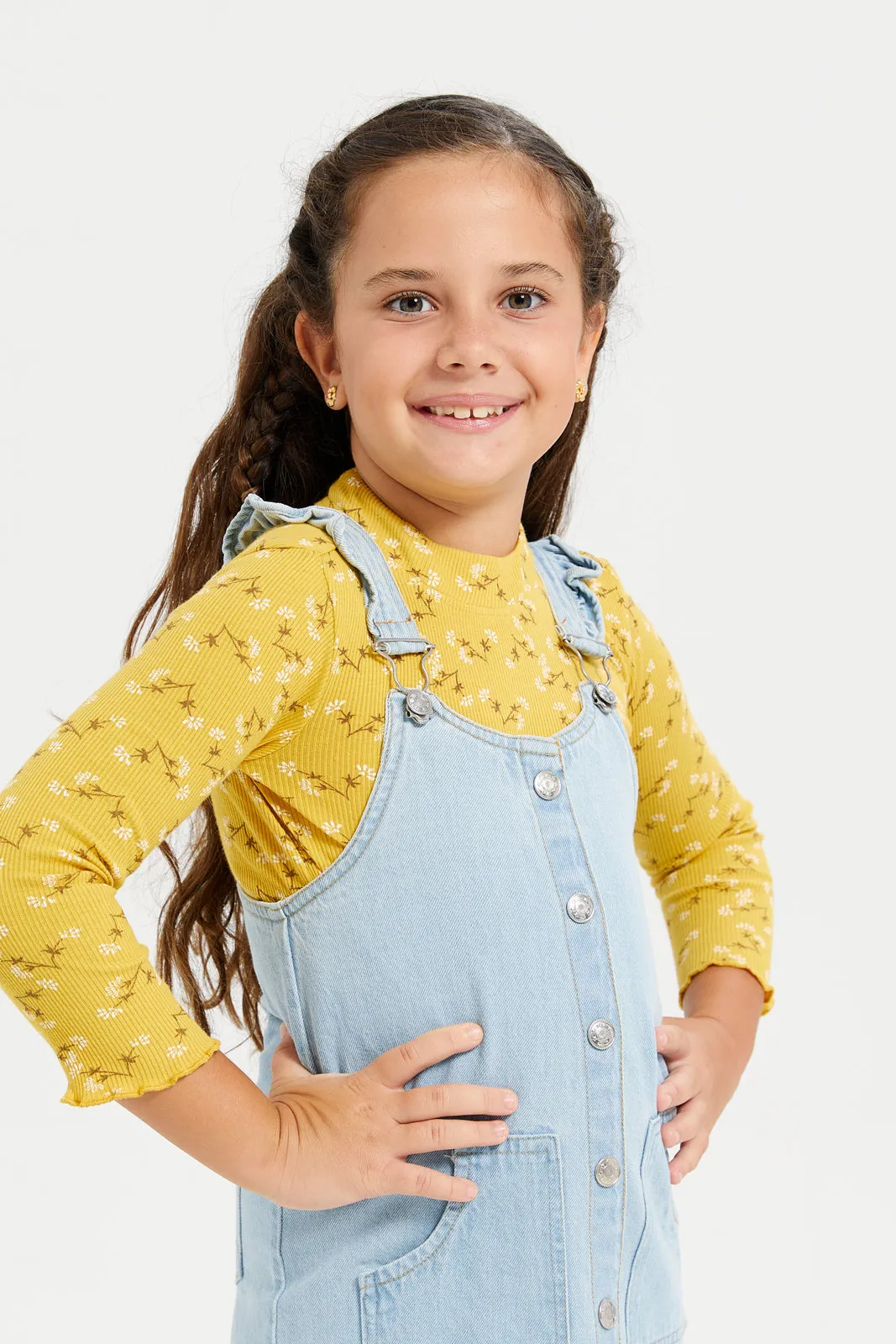 Girls Blue Denim Dress With Yellow T-Shirt (2 Piece)