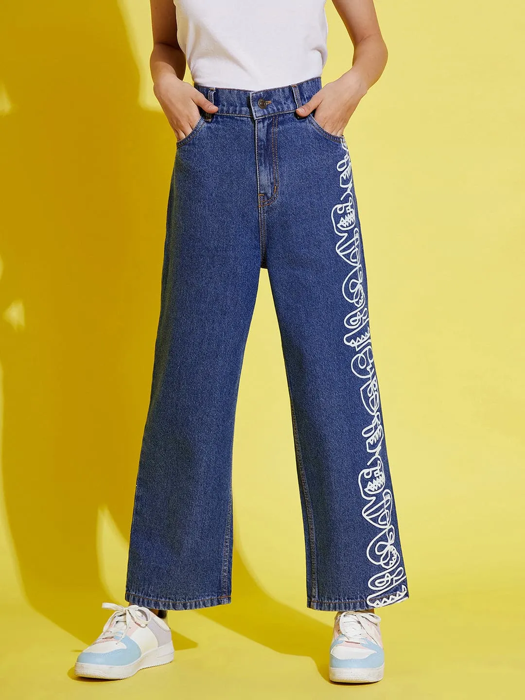 Girls Blue Face Print Straight Jeans - Lyush Kids