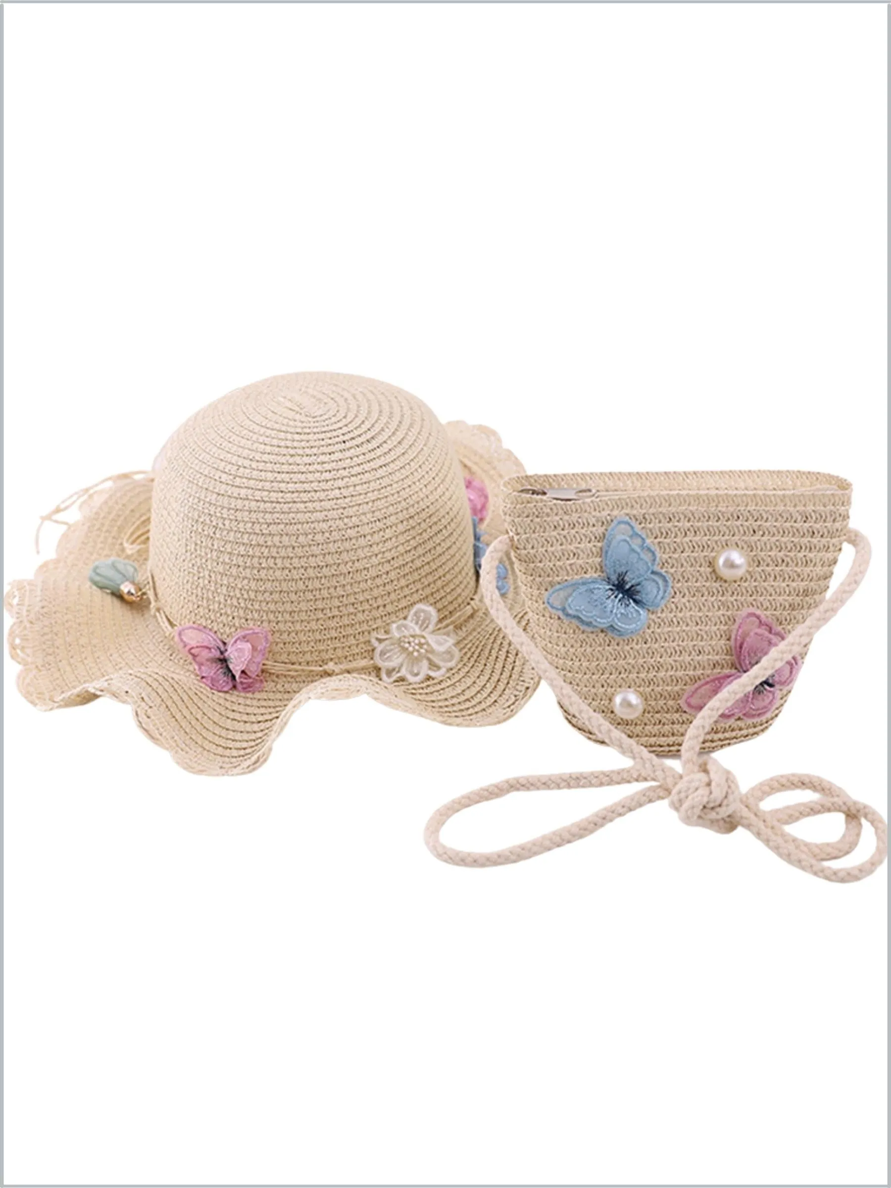 Girls Boho Butterfly Straw Hat and Purse Set