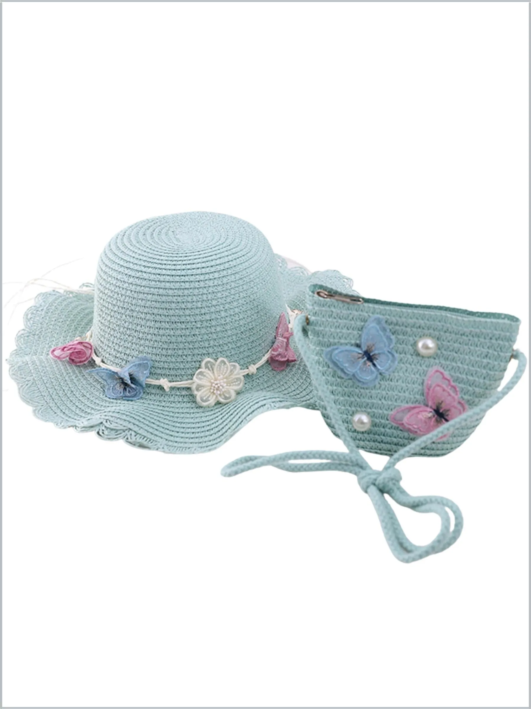 Girls Boho Butterfly Straw Hat and Purse Set