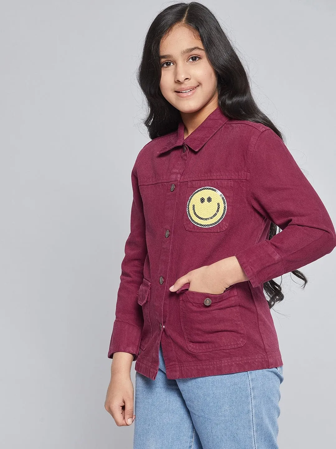 Girls Burgundy Smiley Patch Denim Jacket - Lyush Kids