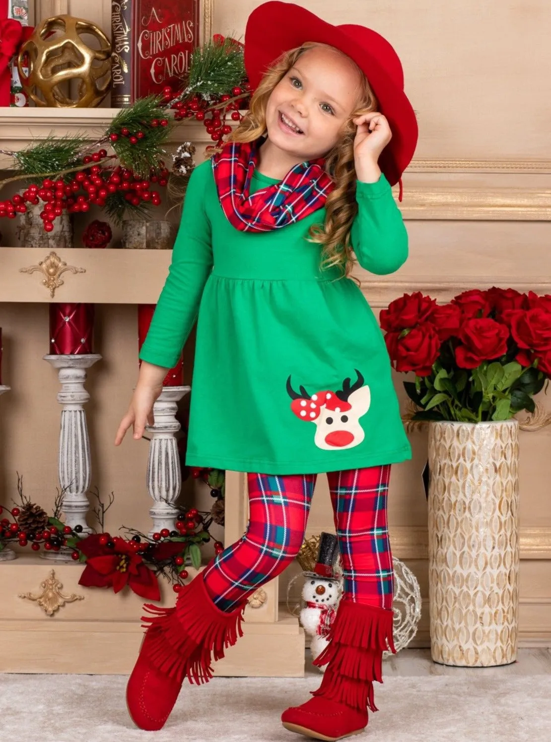 Girls Christmas Themed Green Long Sleeve Rudolph Applique Tunic and Red Plaid Leggings and Scarf Set