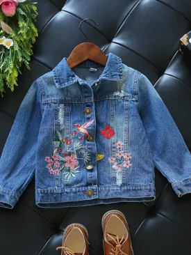 Girls Distressed Denim Jacket with Floral And Butterfly Embroidery