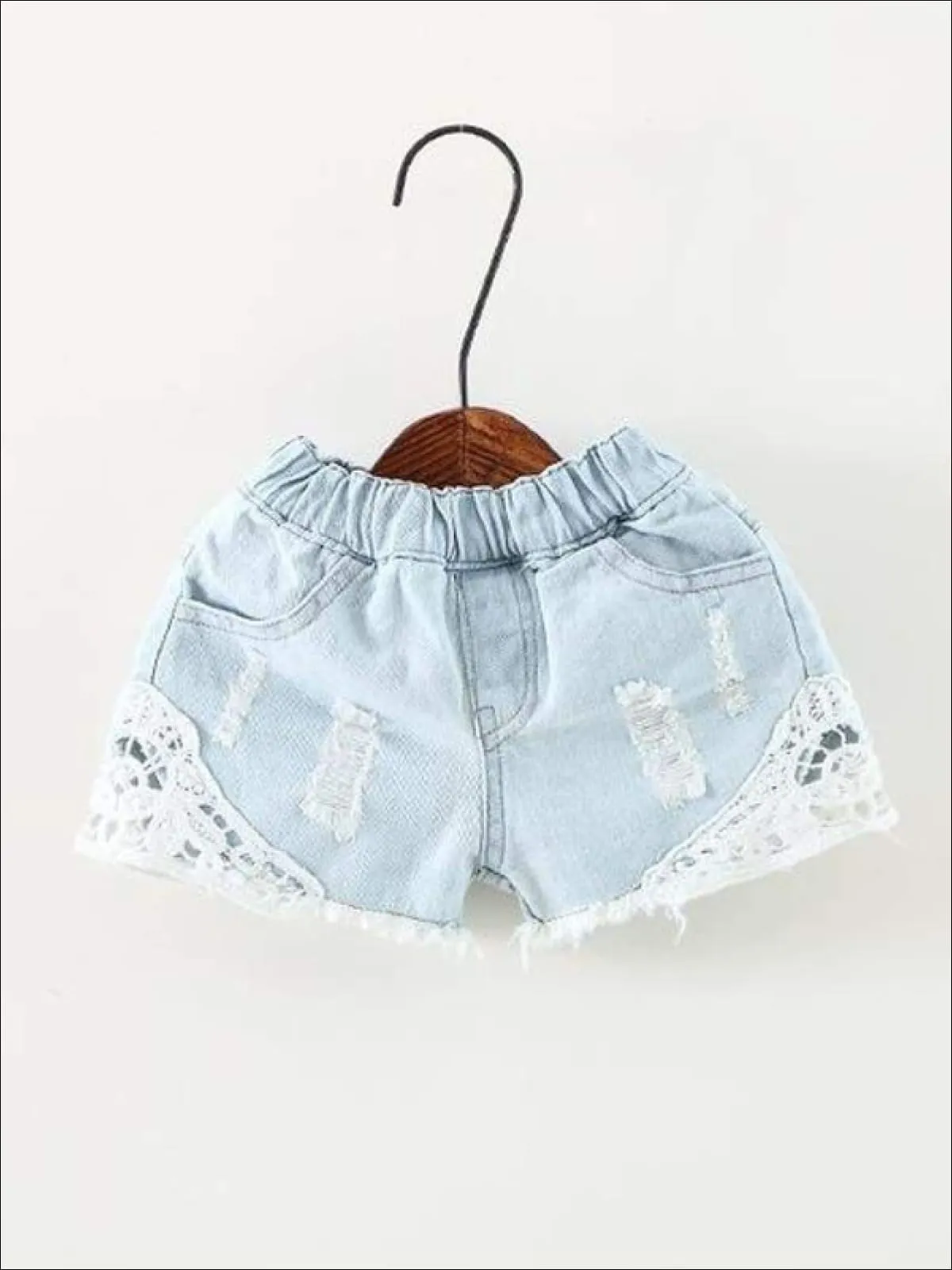 Girls Distressed Lace Denim Shorts