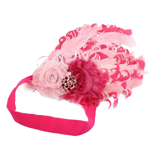 Girls Duel-Tone Pink Curly Feather & Flowers Pink Stretch Hairband