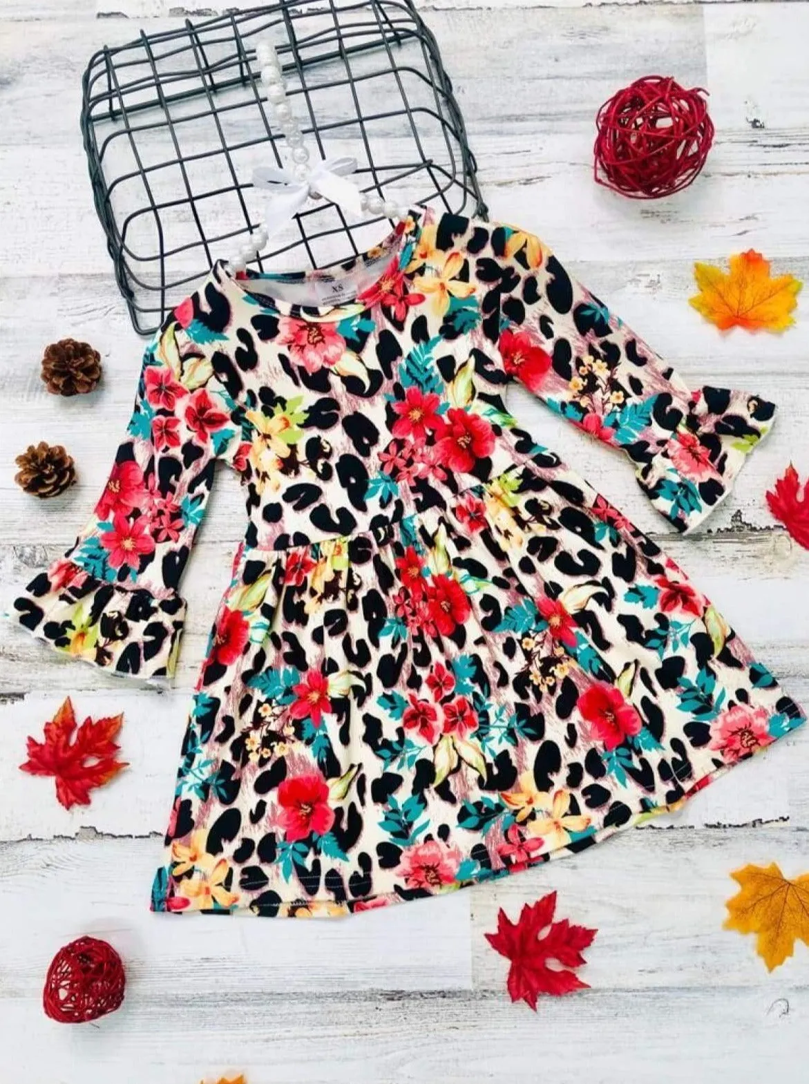 Girls Floral Long Ruffled Sleeve Dress