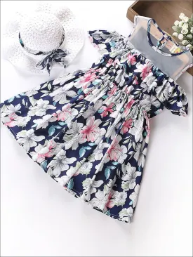 Girls Floral Mesh Cold Shoulder With Ruffle Detail Casual Dress And Matching Hat