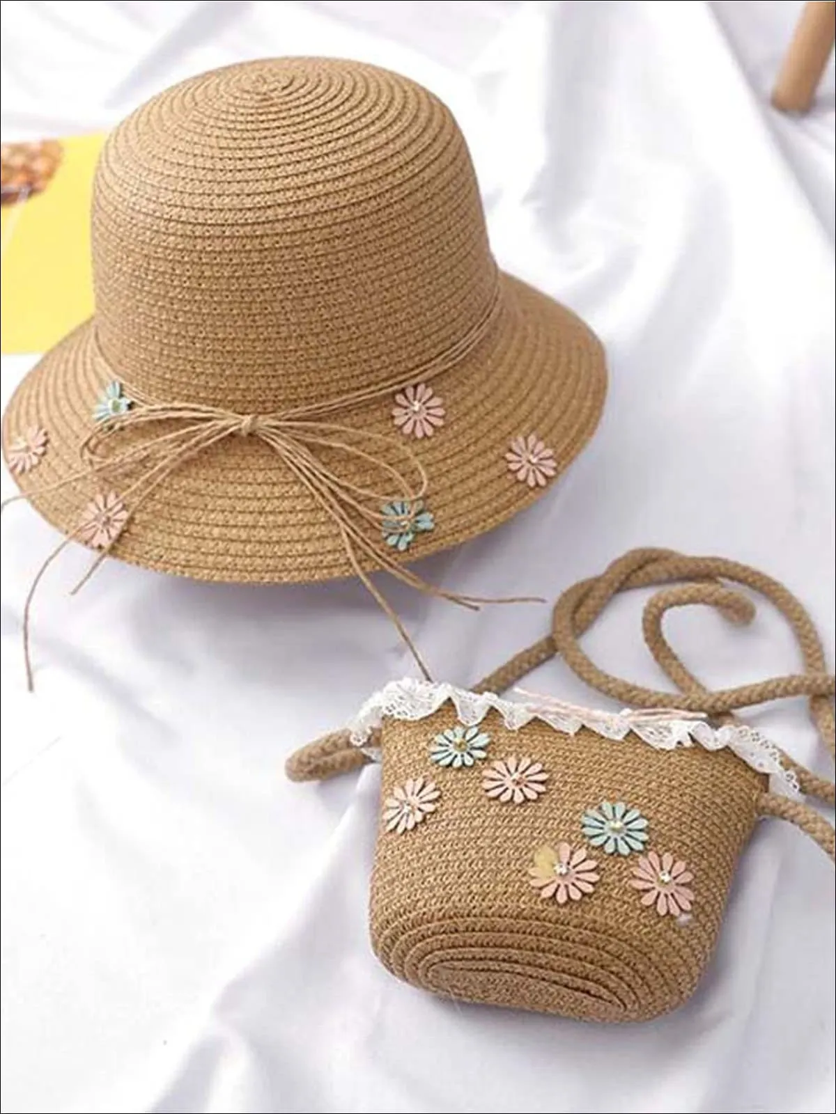 Girls Flower Embellished Straw Hat With Matching Purse