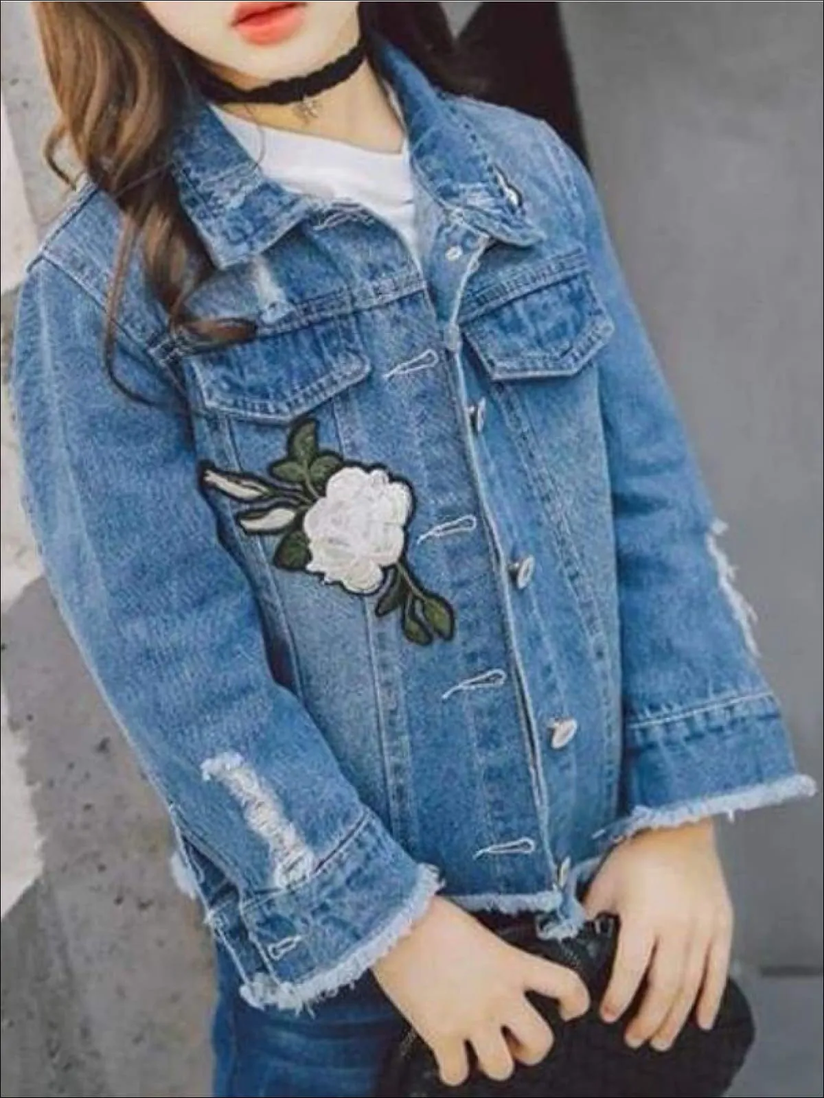 Girls Flower Patch Distressed Frayed Hem Denim Jacket