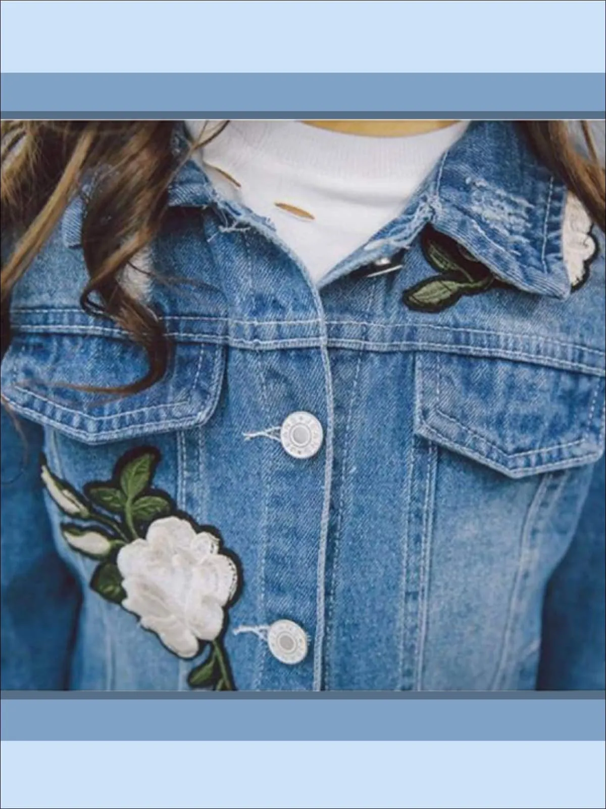 Girls Flower Patch Distressed Frayed Hem Denim Jacket