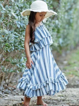 Girls Hello Honey Double Ruffle Striped Crop Top and Maxi Skirt Set