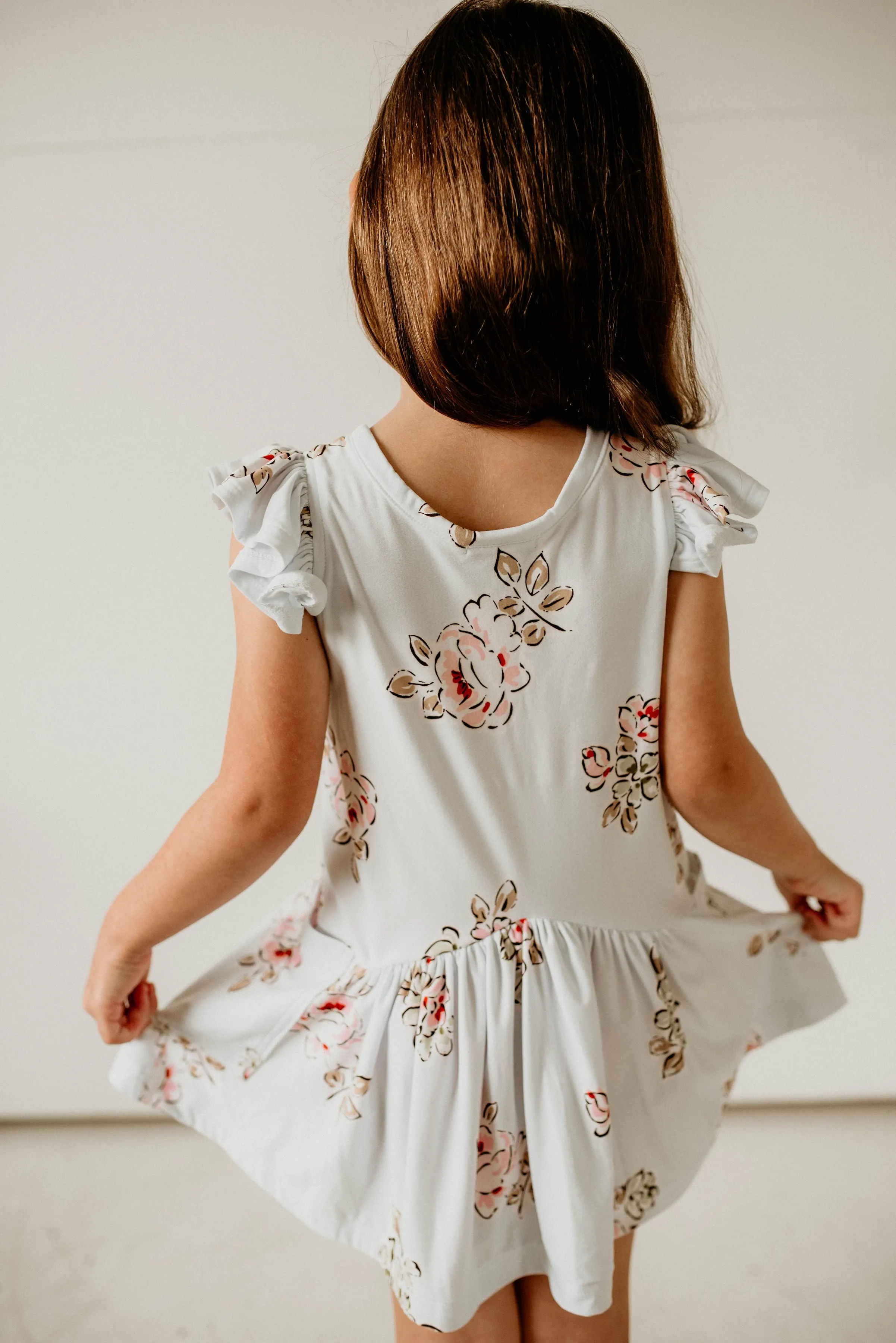 Girl's Light Blue Floral Cotton Jersey Three Pocket Dress