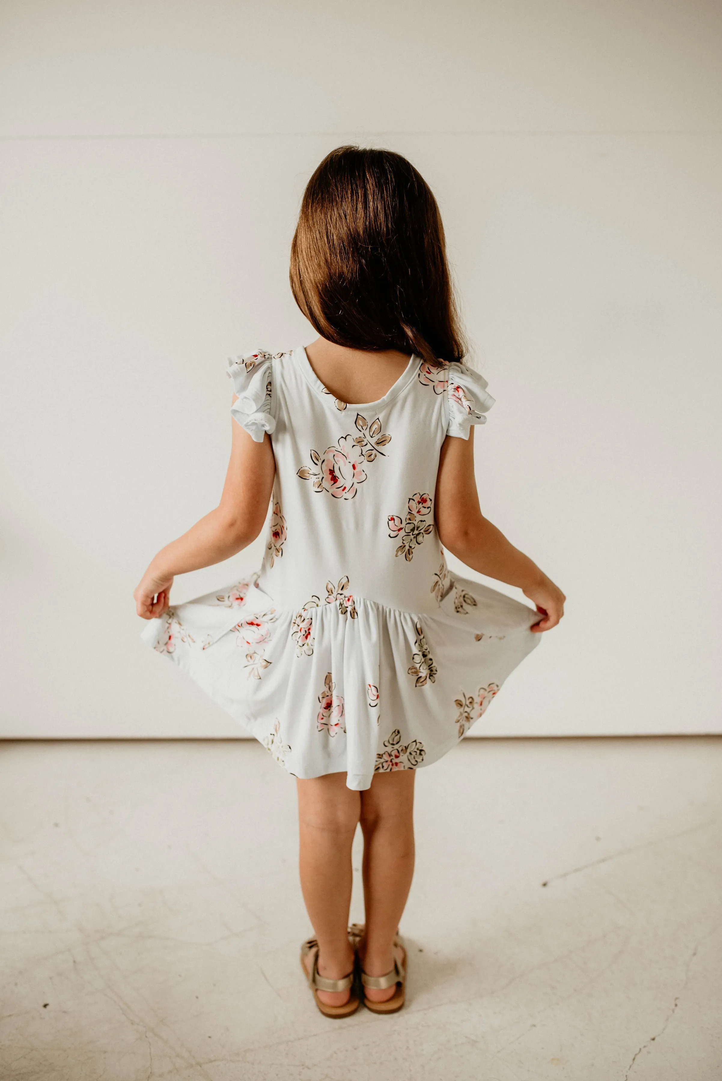 Girl's Light Blue Floral Cotton Jersey Three Pocket Dress