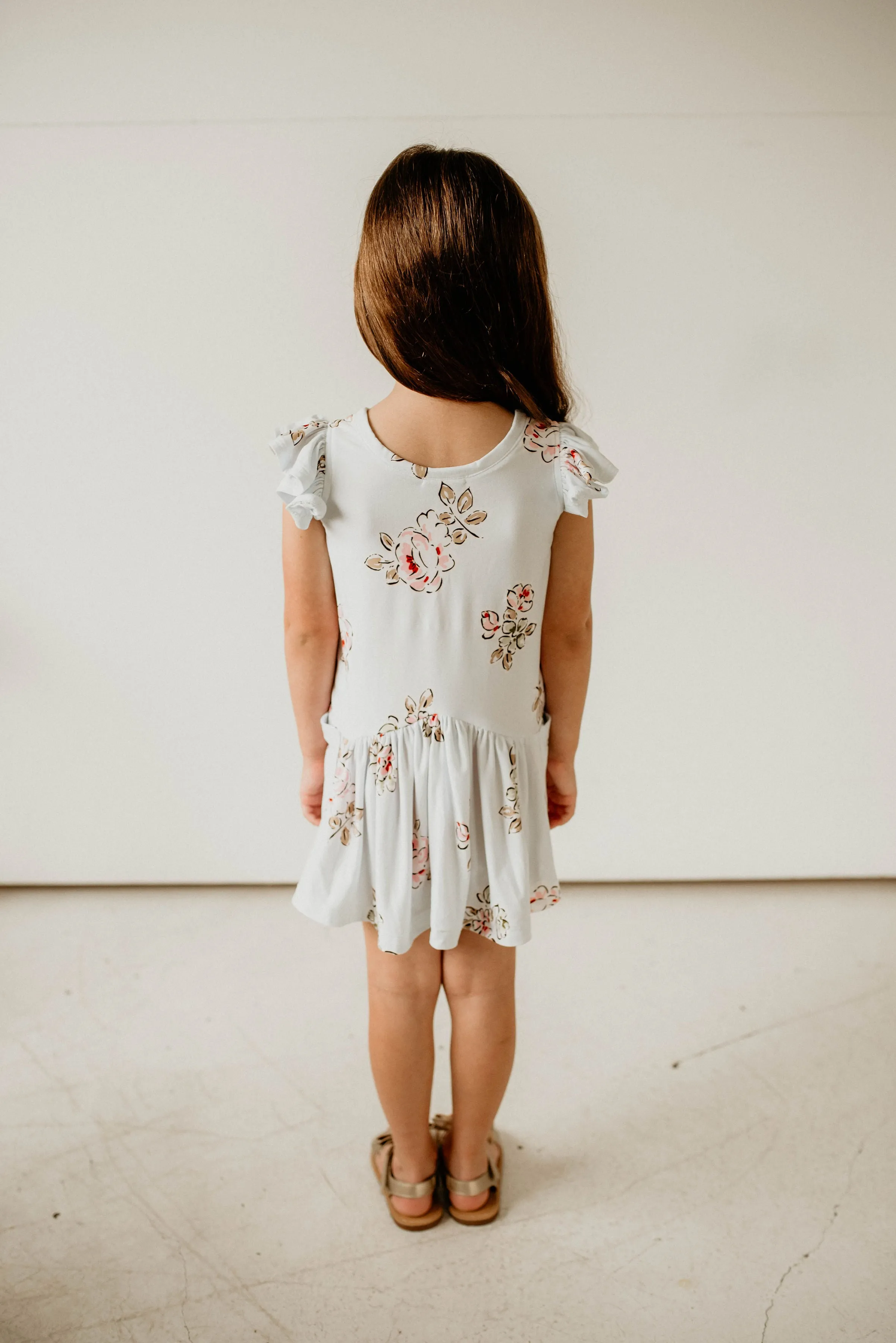 Girl's Light Blue Floral Cotton Jersey Three Pocket Dress