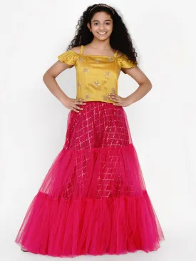 Girls Mustard & Fuchsia Embroidered Ready To Wear Lehenga Choli