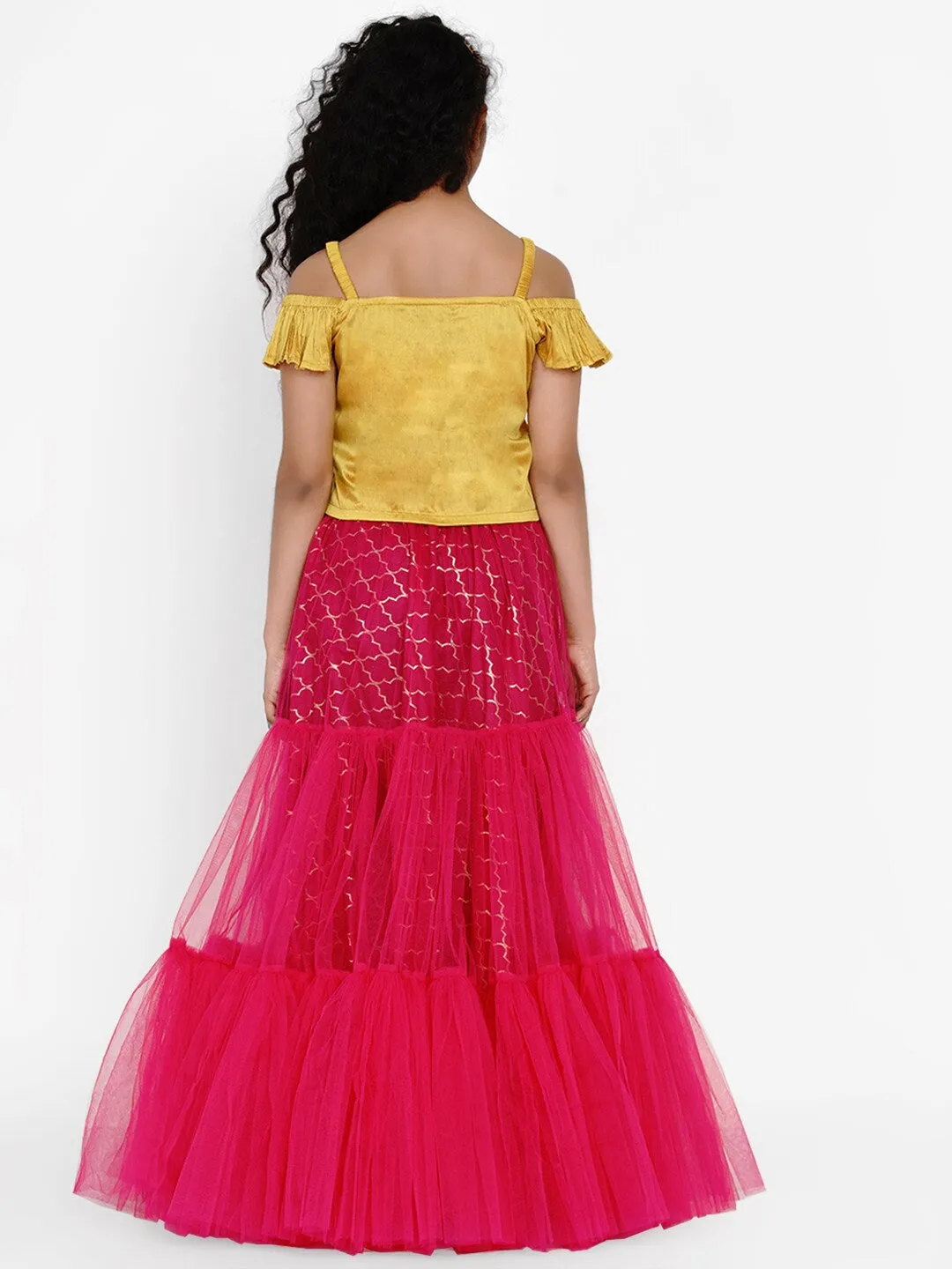 Girls Mustard & Fuchsia Embroidered Ready To Wear Lehenga Choli