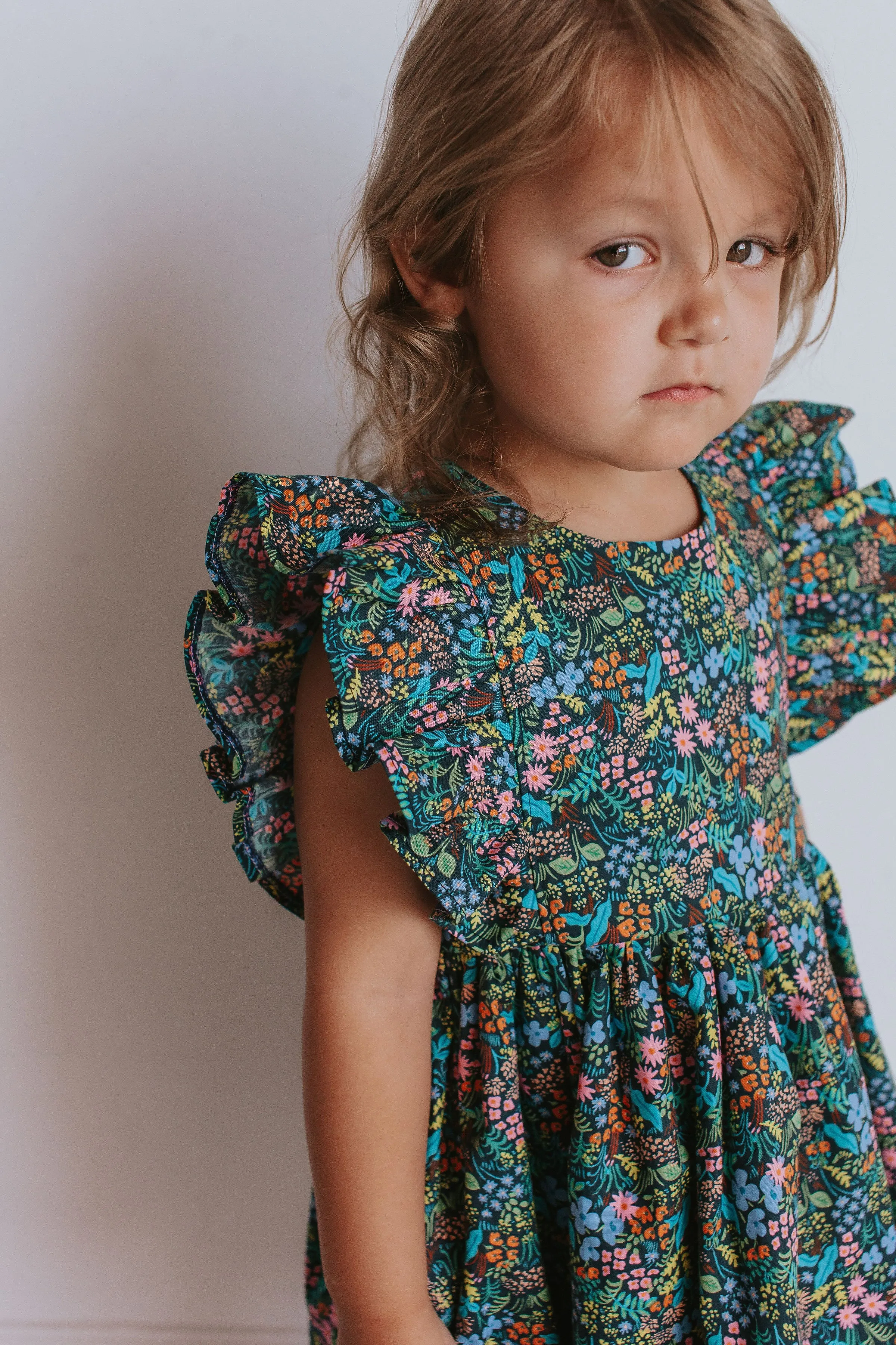 Girl's Navy and Pink Rifle Paper Floral Print Ruffle Cotton Dress