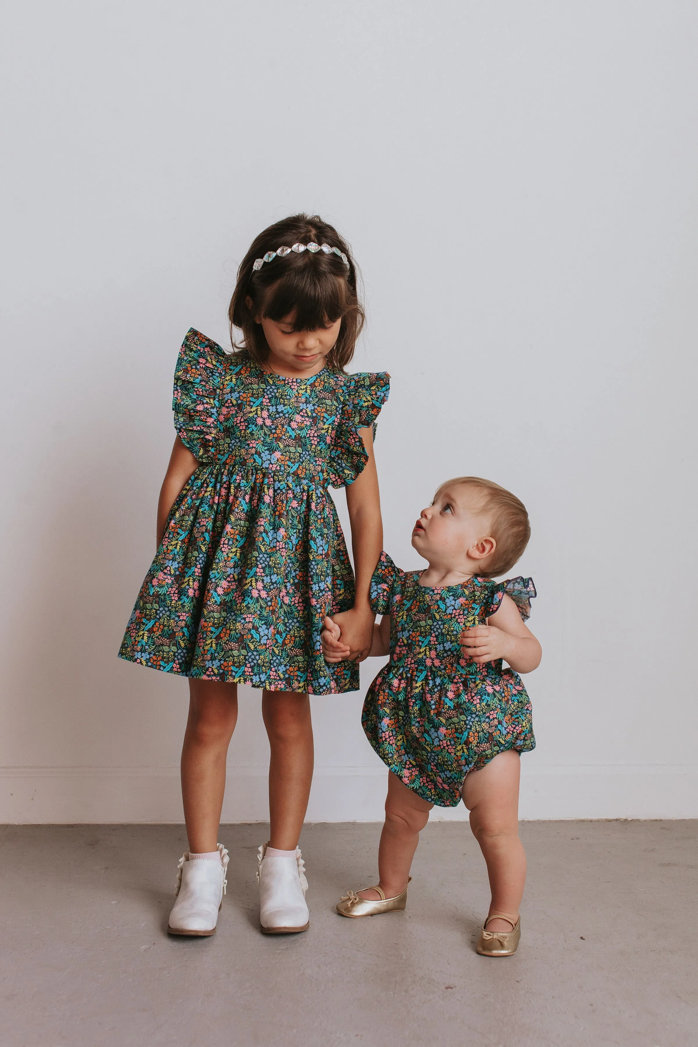 Girl's Navy and Pink Rifle Paper Floral Print Ruffle Cotton Dress